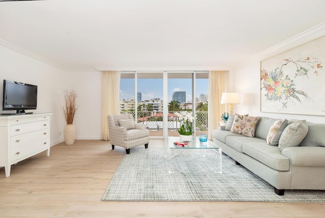 living room featuring expansive windows, light wood-type flooring, and ornamental molding