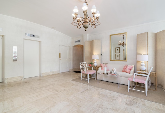 living room featuring a chandelier, elevator, and crown molding