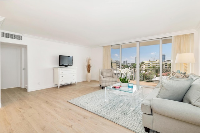 living room featuring expansive windows, light hardwood / wood-style floors, and crown molding