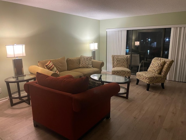 living room with wood-type flooring and a textured ceiling