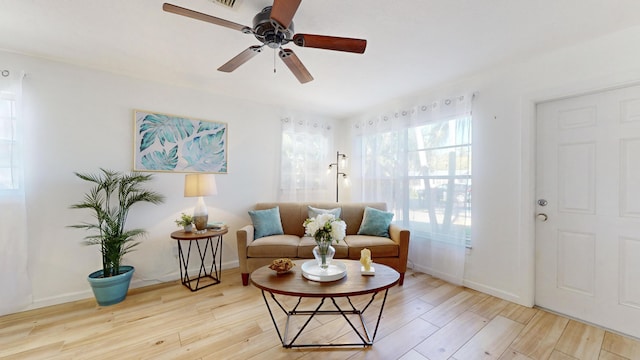 living area featuring ceiling fan and light wood-type flooring