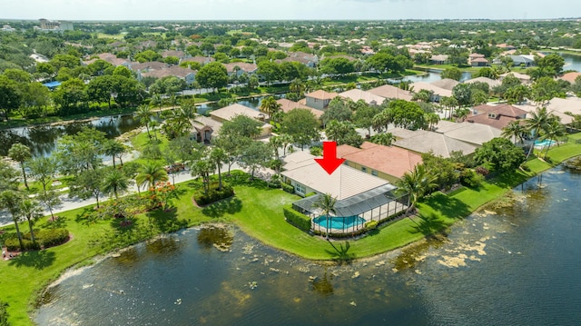 aerial view with a water view and a residential view