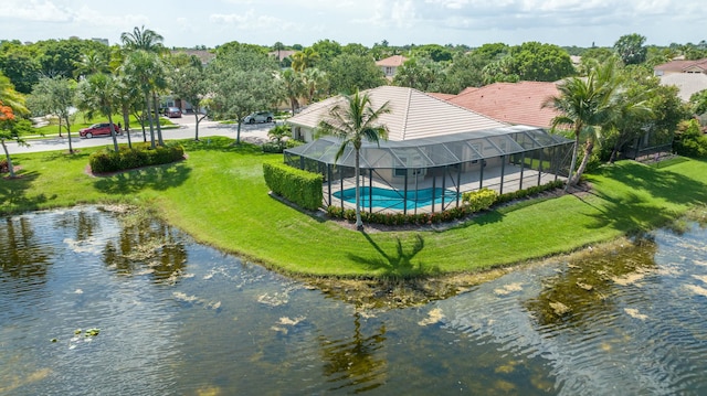 drone / aerial view with a water view