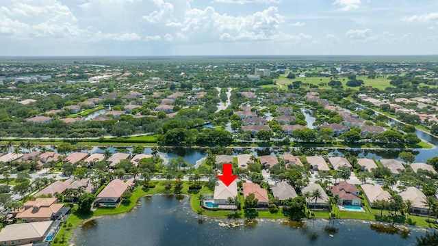 aerial view featuring a water view and a residential view