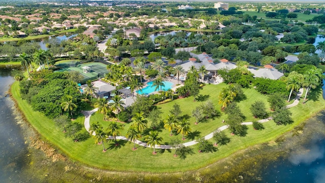 bird's eye view with a residential view and a water view