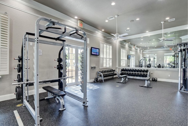 workout area with ceiling fan, recessed lighting, visible vents, and baseboards