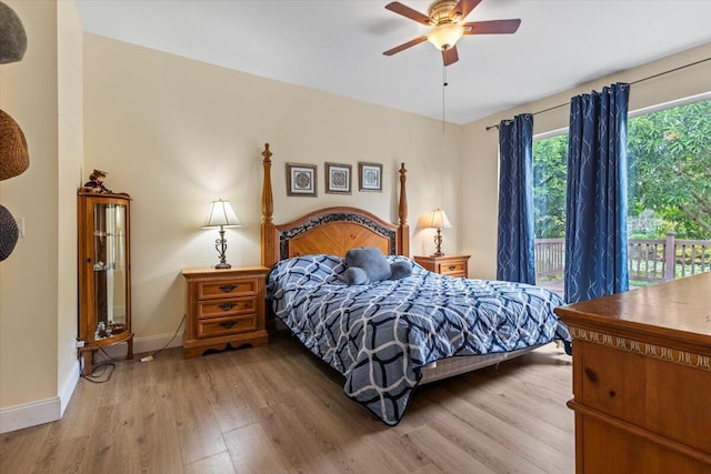 bedroom featuring light hardwood / wood-style flooring and ceiling fan