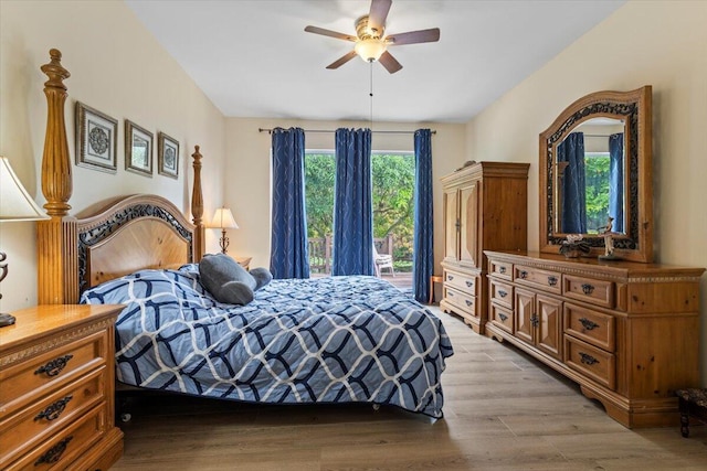 bedroom featuring ceiling fan and light wood-type flooring