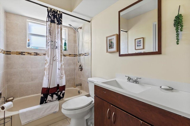 full bathroom with shower / bath combination with curtain, vanity, and toilet