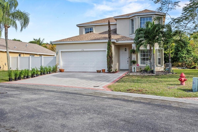 view of front facade with a garage and a front lawn