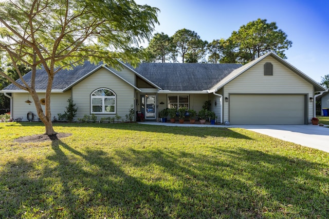 ranch-style house with a garage and a front yard