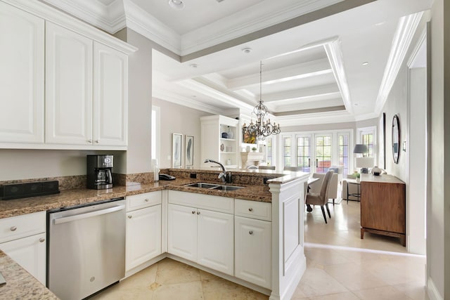 kitchen featuring white cabinets, dishwasher, dark stone countertops, and kitchen peninsula