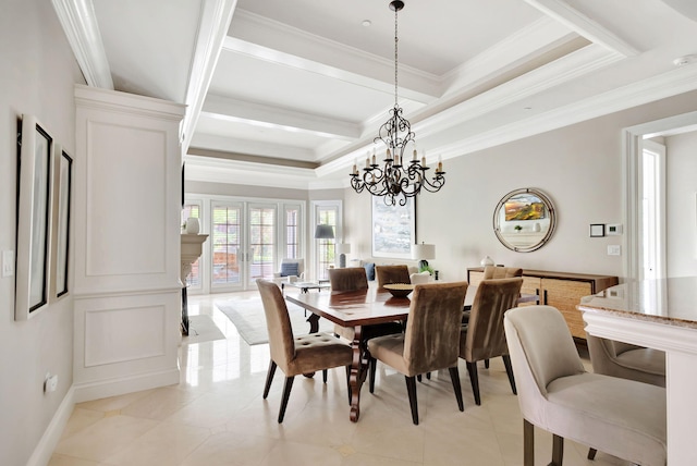 dining room with coffered ceiling, crown molding, light tile patterned floors, beamed ceiling, and a chandelier