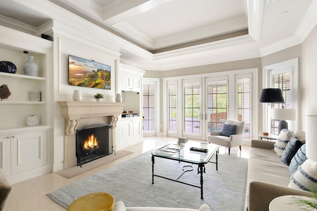 living room featuring built in shelves, crown molding, and light tile patterned floors