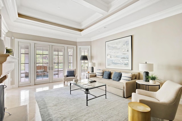 living room with french doors, crown molding, and a premium fireplace