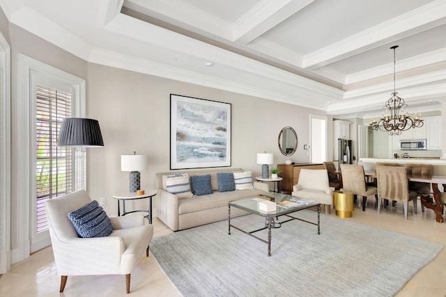 living room with a chandelier, beam ceiling, light tile patterned floors, and crown molding