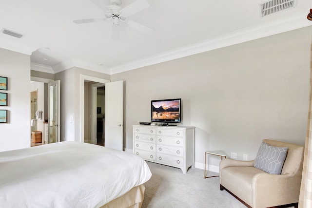 bedroom featuring carpet flooring, ceiling fan, and crown molding