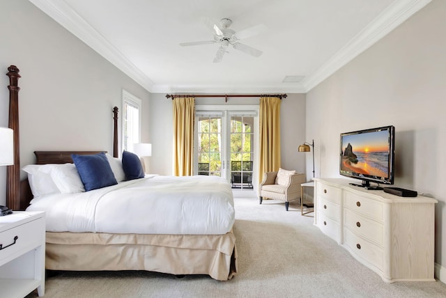 bedroom with access to exterior, ceiling fan, light carpet, and ornamental molding