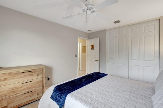 bedroom with ceiling fan and a closet