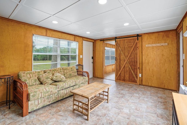 living room with a barn door and wooden walls