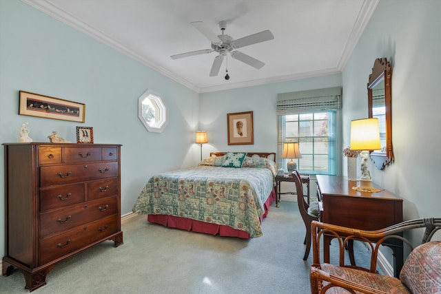 bedroom with ceiling fan and ornamental molding