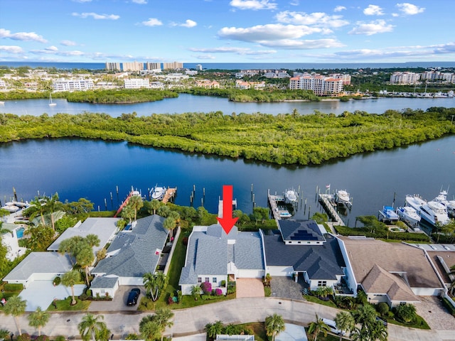 aerial view featuring a water view