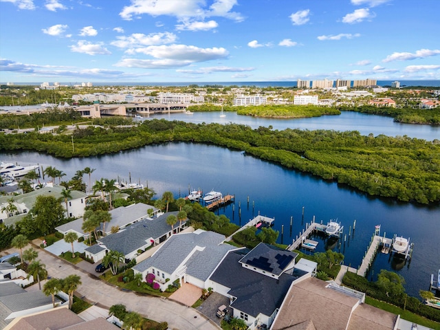 bird's eye view with a water view