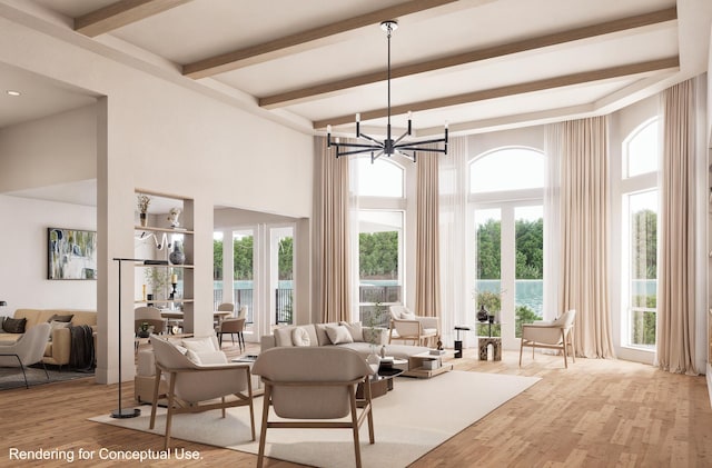 sunroom featuring beamed ceiling and an inviting chandelier