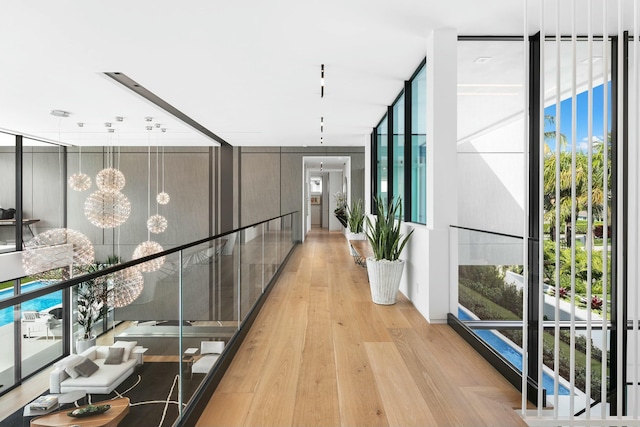 hall featuring light hardwood / wood-style floors and a wall of windows