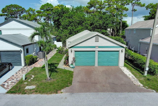 view of front facade featuring a garage, a front lawn, and central air condition unit