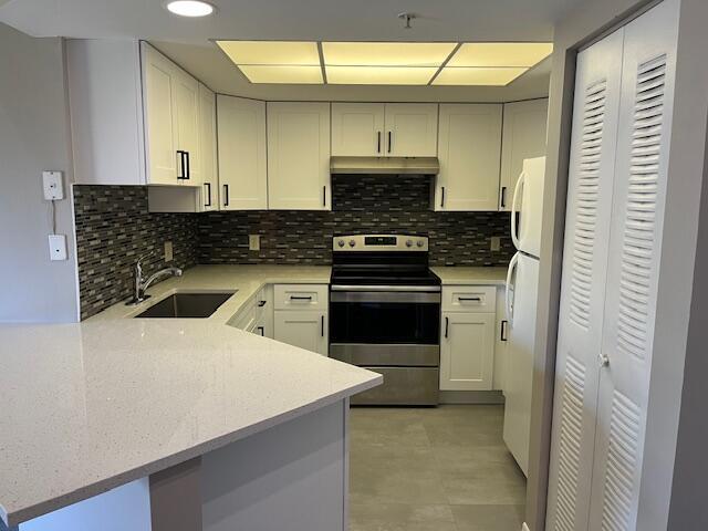 kitchen with stainless steel electric range oven, sink, kitchen peninsula, white fridge, and white cabinets