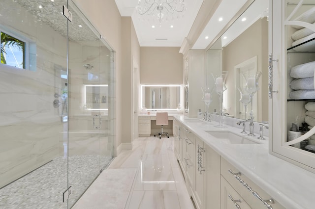 bathroom featuring vanity, an enclosed shower, and an inviting chandelier