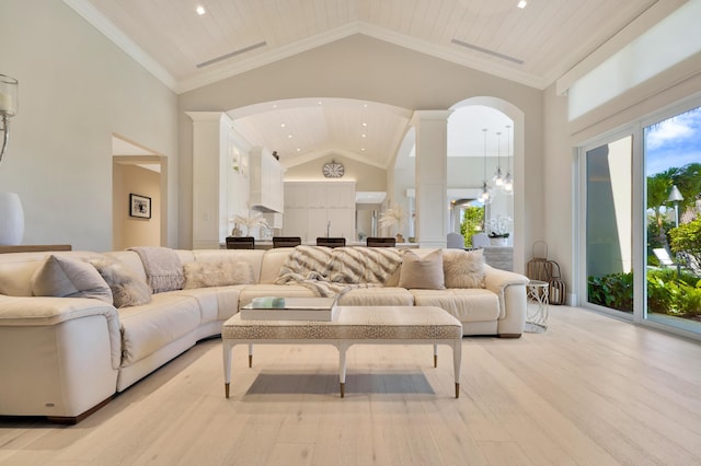 living room with light wood-type flooring, high vaulted ceiling, and wood ceiling