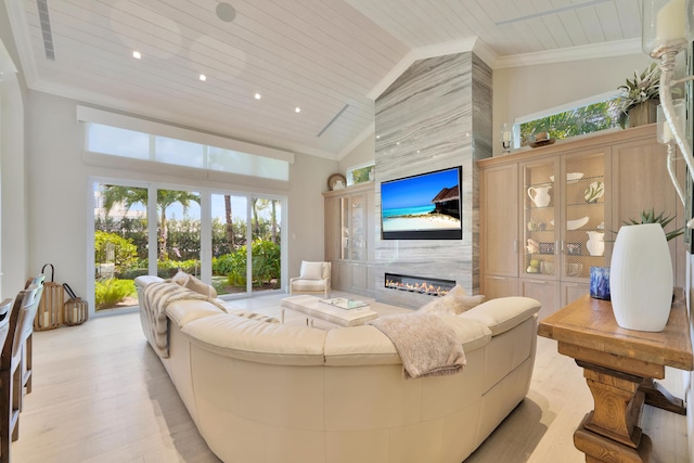 living room with crown molding, a fireplace, high vaulted ceiling, and wood ceiling