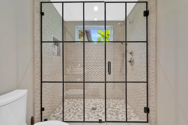 bathroom featuring a shower with shower door and toilet