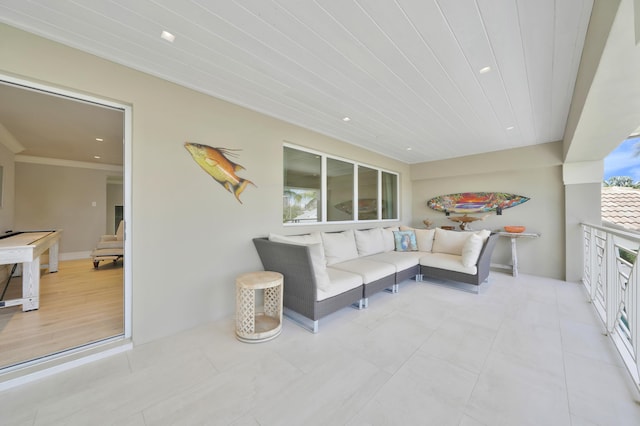 living room with wooden ceiling