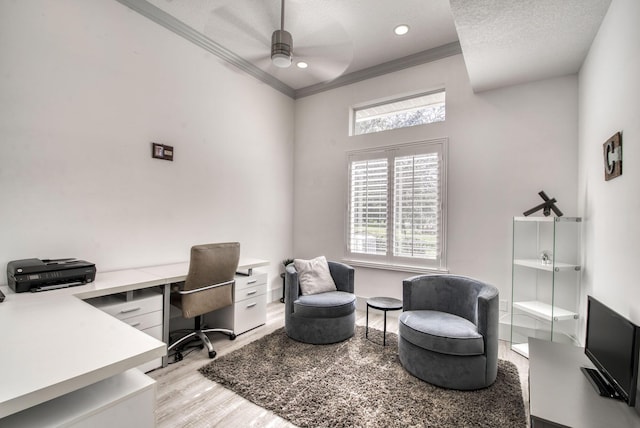 office space with crown molding, ceiling fan, light hardwood / wood-style floors, and a textured ceiling