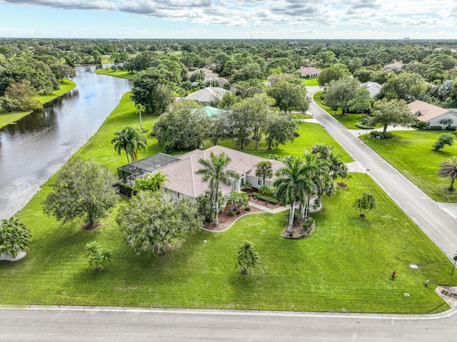 bird's eye view with a water view