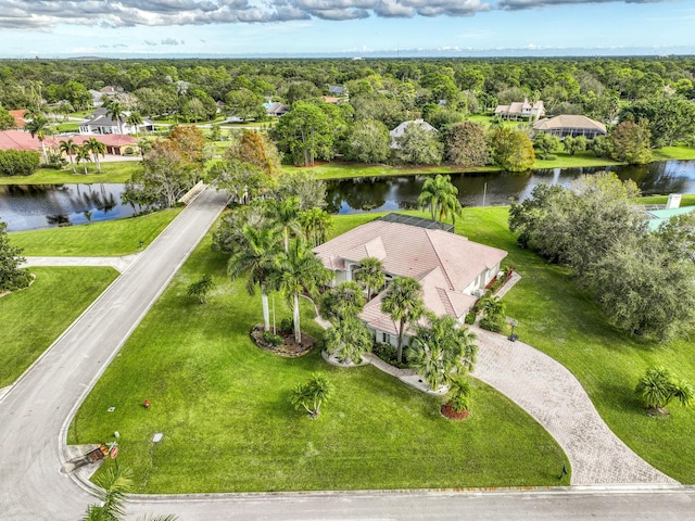 bird's eye view with a water view