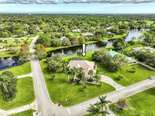 bird's eye view with a water view