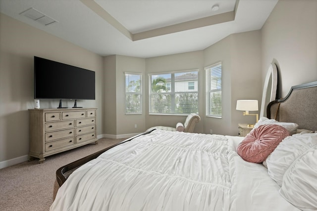 carpeted bedroom with a raised ceiling