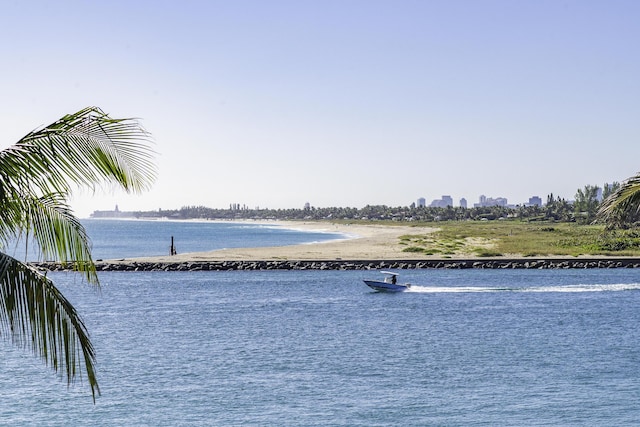 view of water feature with a beach view