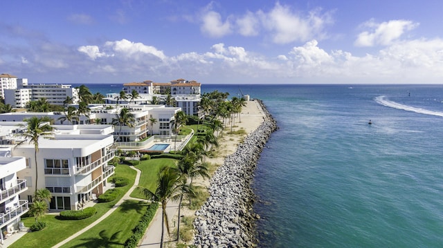 drone / aerial view with a water view