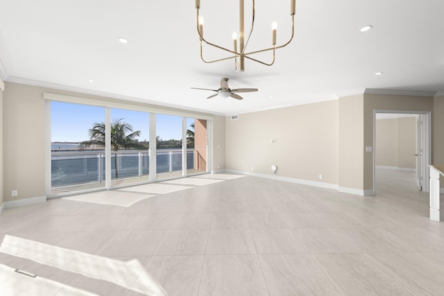 spare room featuring ceiling fan with notable chandelier, a water view, and ornamental molding