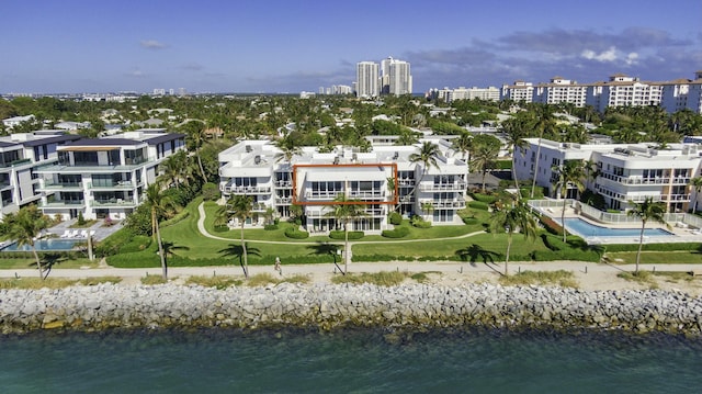 drone / aerial view featuring a water view