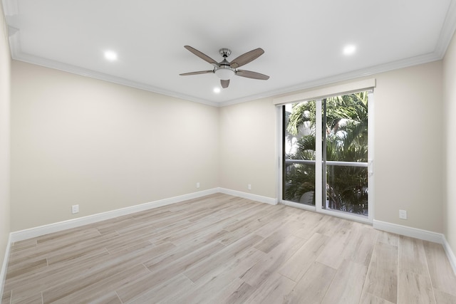 unfurnished room featuring ceiling fan, crown molding, and light hardwood / wood-style flooring