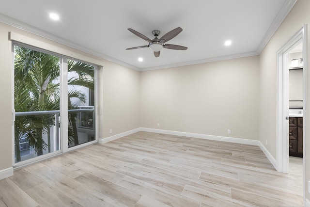 spare room with light hardwood / wood-style flooring, ceiling fan, and crown molding