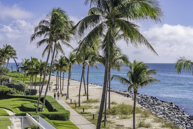 view of water feature with a beach view