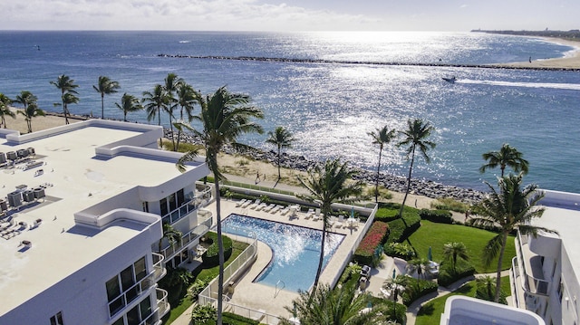 birds eye view of property featuring a water view