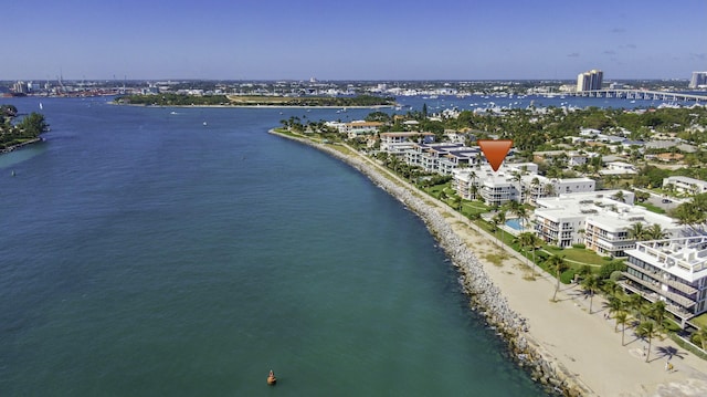 aerial view featuring a beach view and a water view